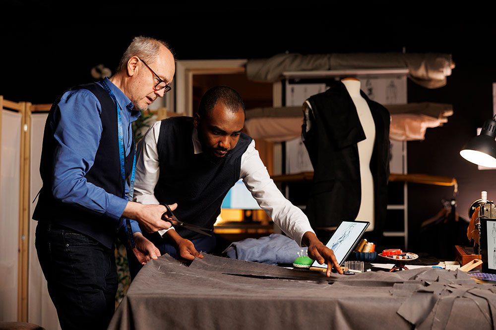 Close-up of fabric being measured and prepared for alteration